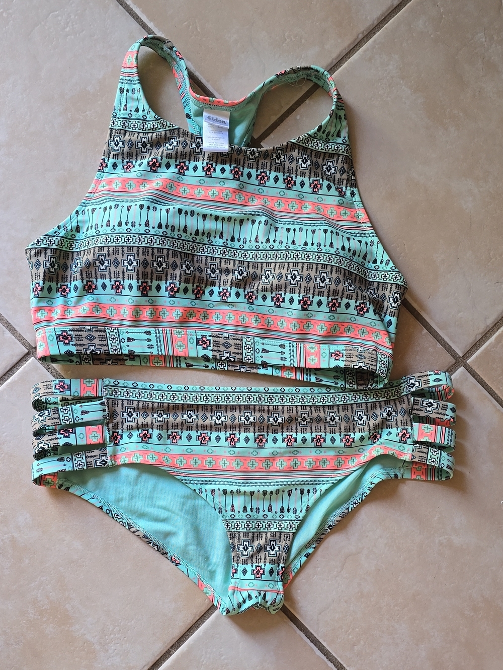 EIDON SIZE LARGE Mint Aztec Print High Neck Bikini Set